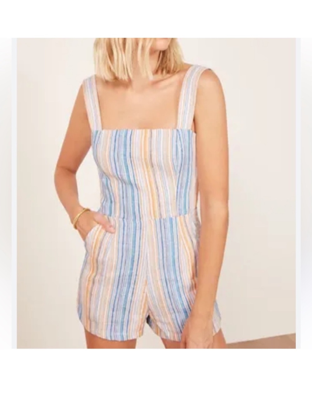 Reformation Blue and Orange Striped Linen Romper